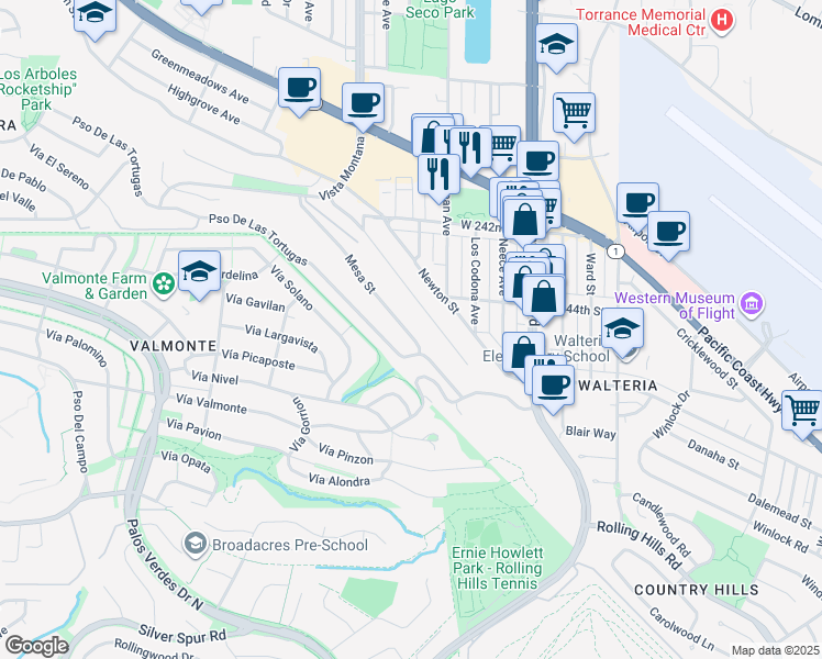 map of restaurants, bars, coffee shops, grocery stores, and more near 3923 Mesa Street in Torrance