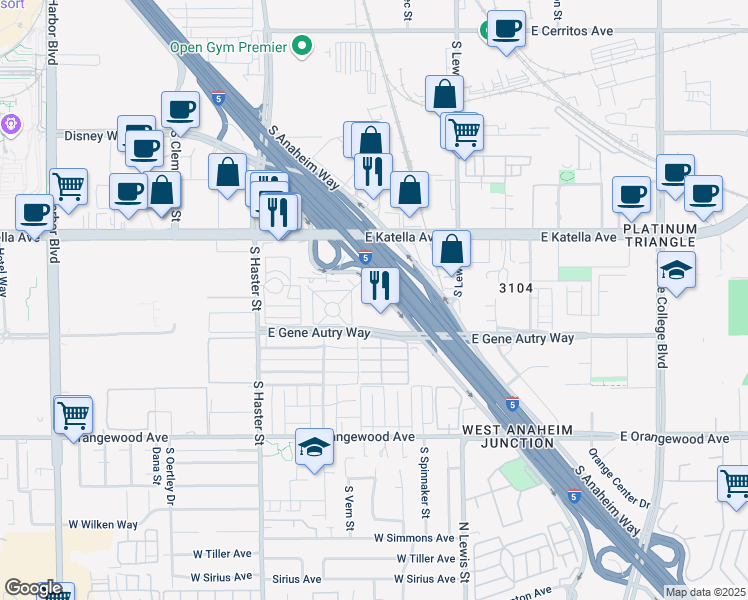 map of restaurants, bars, coffee shops, grocery stores, and more near 1855 South Manchester Avenue in Anaheim