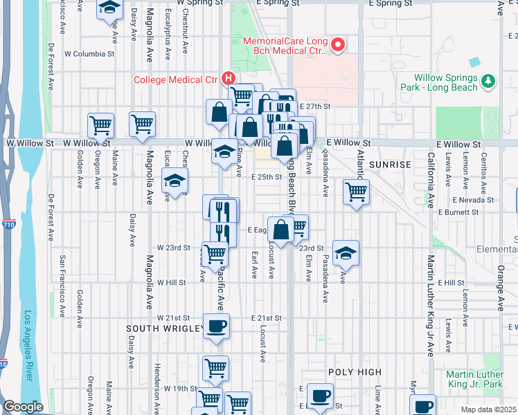 map of restaurants, bars, coffee shops, grocery stores, and more near 215 East Burnett Street in Long Beach