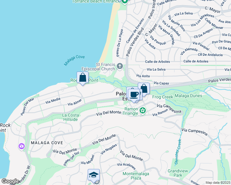 map of restaurants, bars, coffee shops, grocery stores, and more near 312 Vía Almar in Palos Verdes Estates