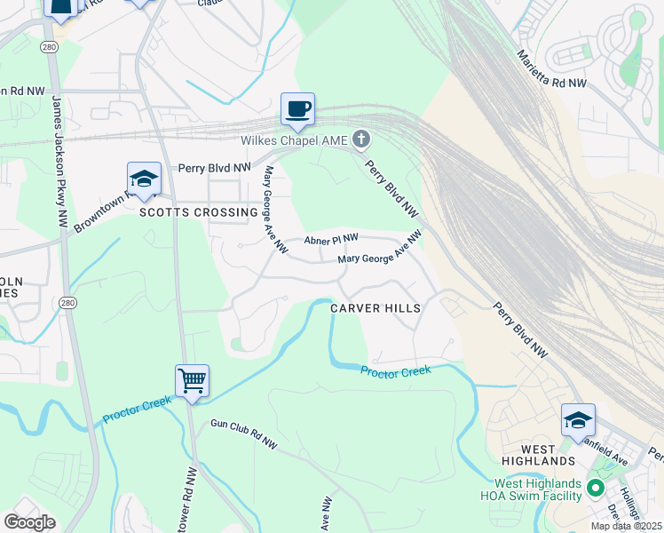 map of restaurants, bars, coffee shops, grocery stores, and more near 1636 Mary George Avenue Northwest in Atlanta