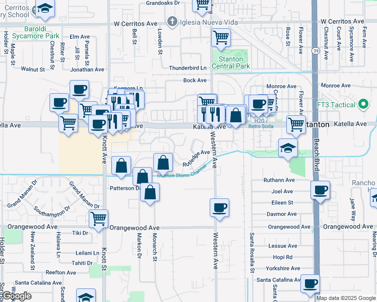 map of restaurants, bars, coffee shops, grocery stores, and more near 11079 Robinson Drive in Stanton