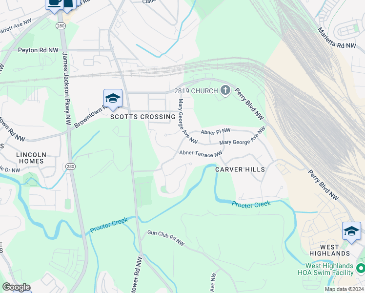 map of restaurants, bars, coffee shops, grocery stores, and more near 2396 Abner Place Northwest in Atlanta