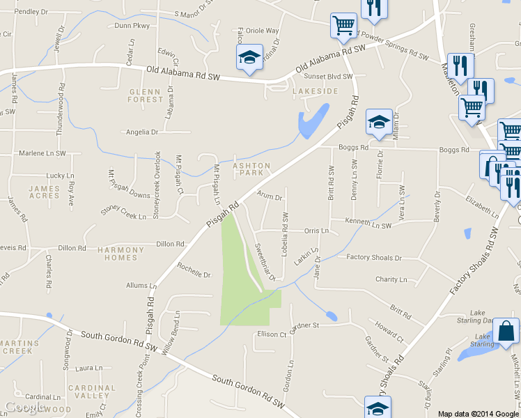 map of restaurants, bars, coffee shops, grocery stores, and more near 6280 Bennett Ln in Mableton