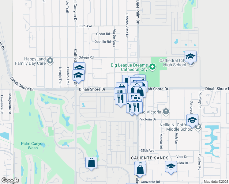 map of restaurants, bars, coffee shops, grocery stores, and more near 20 Coble Drive in Cathedral City