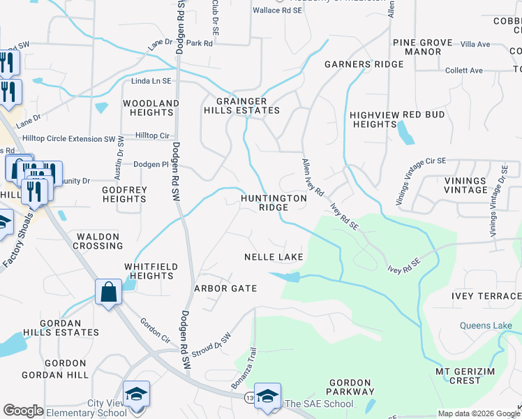 map of restaurants, bars, coffee shops, grocery stores, and more near 6286 Allen Road Southeast in Mableton