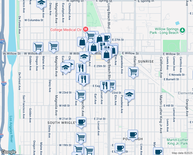 map of restaurants, bars, coffee shops, grocery stores, and more near 2410 Earl Avenue in Long Beach