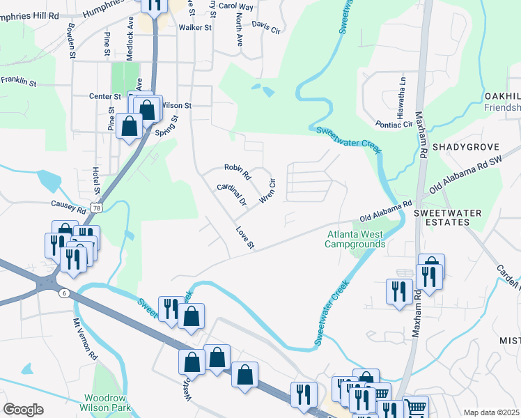 map of restaurants, bars, coffee shops, grocery stores, and more near 2608 Wren Circle in Austell