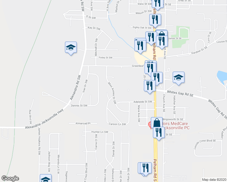 map of restaurants, bars, coffee shops, grocery stores, and more near 1021 Miss Annies Drive Southwest in Jacksonville