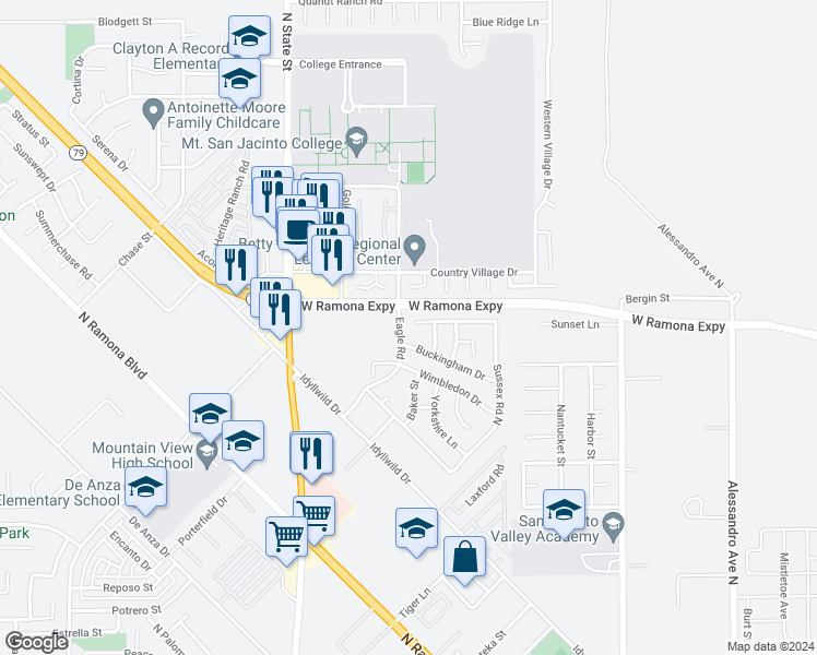map of restaurants, bars, coffee shops, grocery stores, and more near 490 Cambridge Drive in San Jacinto