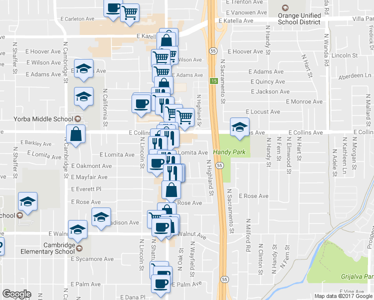 map of restaurants, bars, coffee shops, grocery stores, and more near 1827 East Lomita Avenue in Orange