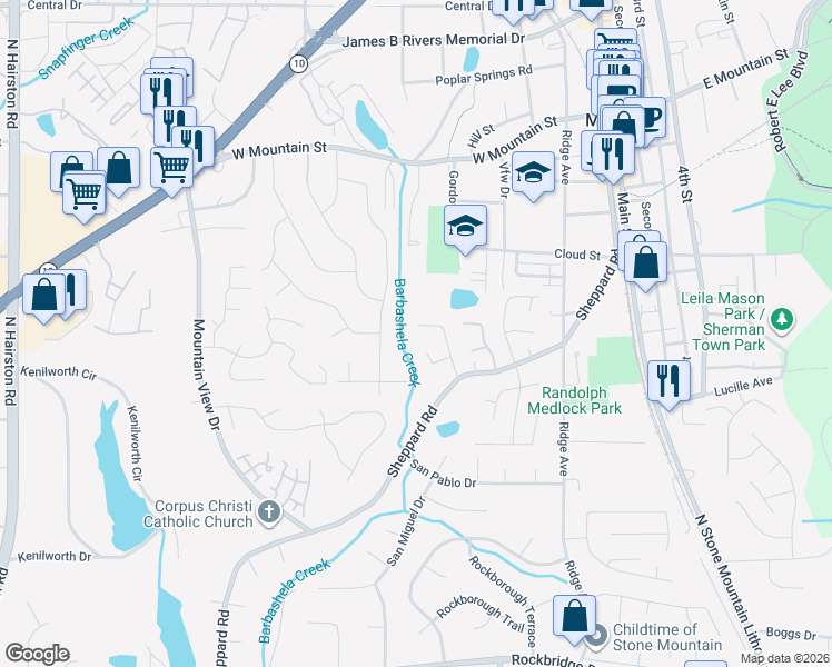 map of restaurants, bars, coffee shops, grocery stores, and more near 5160 Sheppard Court in Stone Mountain