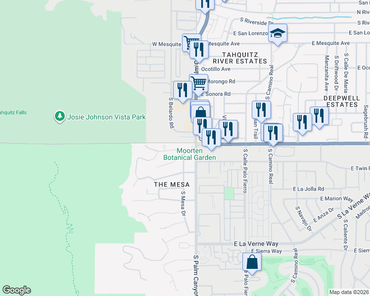 map of restaurants, bars, coffee shops, grocery stores, and more near 176 West El Camino Way in Palm Springs