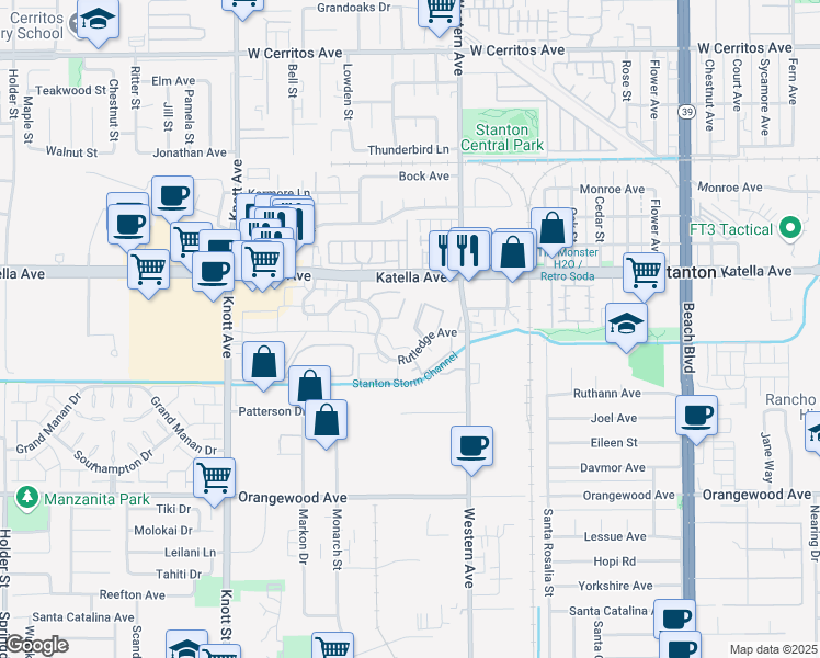 map of restaurants, bars, coffee shops, grocery stores, and more near 11079 Robinson Drive in Stanton