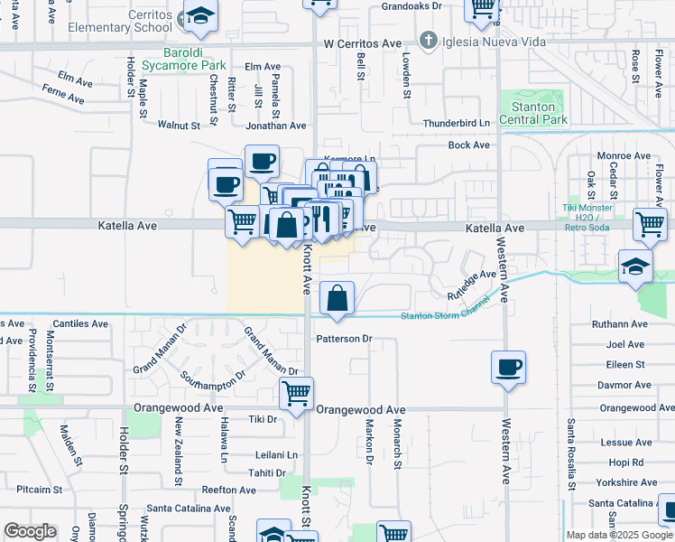 map of restaurants, bars, coffee shops, grocery stores, and more near 7080 Fulton Way in Stanton