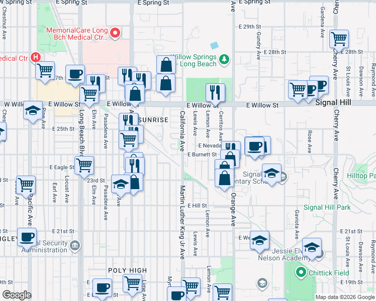 map of restaurants, bars, coffee shops, grocery stores, and more near 1005 East Burnett Street in Signal Hill