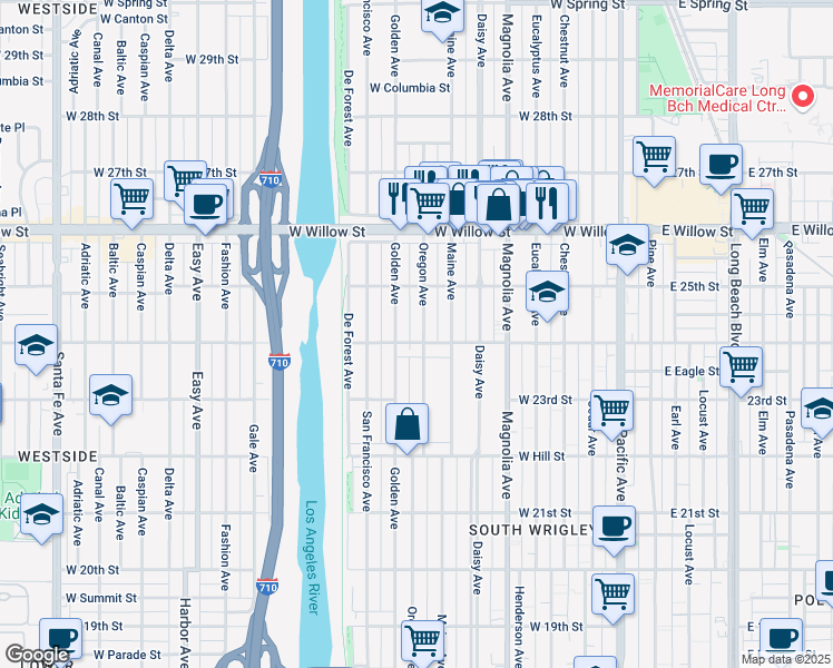 map of restaurants, bars, coffee shops, grocery stores, and more near 2411 Oregon Avenue in Long Beach
