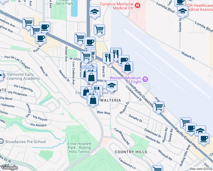 map of restaurants, bars, coffee shops, grocery stores, and more near 24416 Ward Street in Torrance
