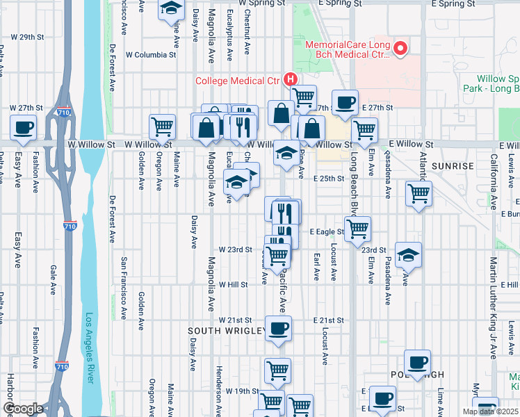 map of restaurants, bars, coffee shops, grocery stores, and more near 323 West Burnett Street in Long Beach