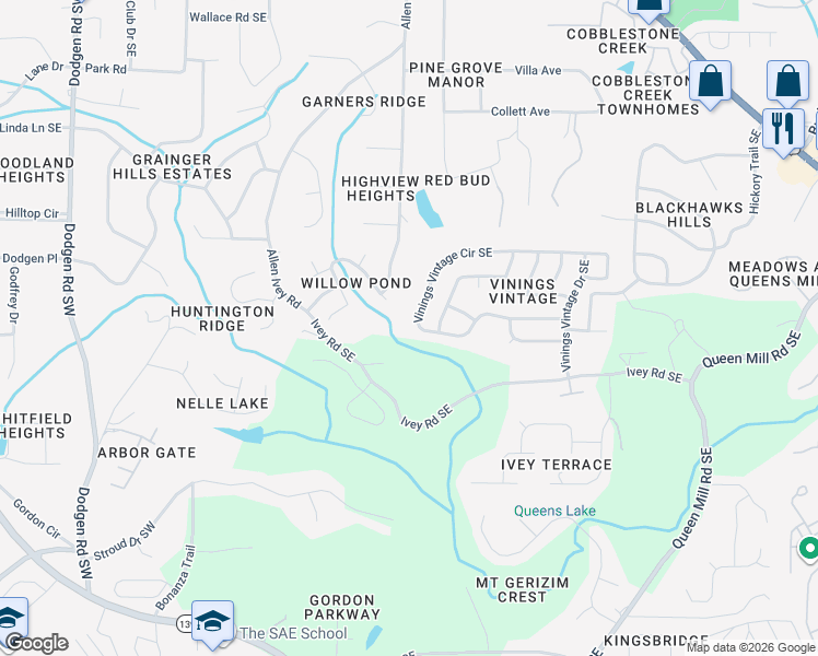 map of restaurants, bars, coffee shops, grocery stores, and more near 361 Vinings Vintage Circle Southeast in Mableton