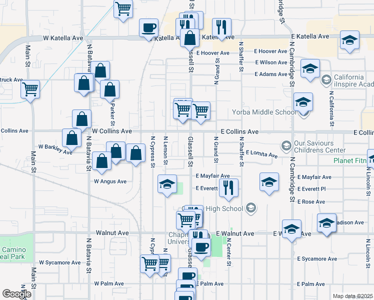 map of restaurants, bars, coffee shops, grocery stores, and more near 828 North Glassell Street in Orange
