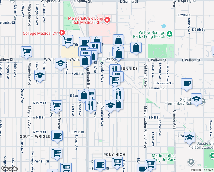 map of restaurants, bars, coffee shops, grocery stores, and more near 2411 Linden Avenue in Long Beach