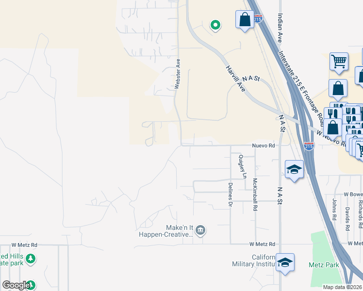 map of restaurants, bars, coffee shops, grocery stores, and more near 683 Nuevo Road in Perris