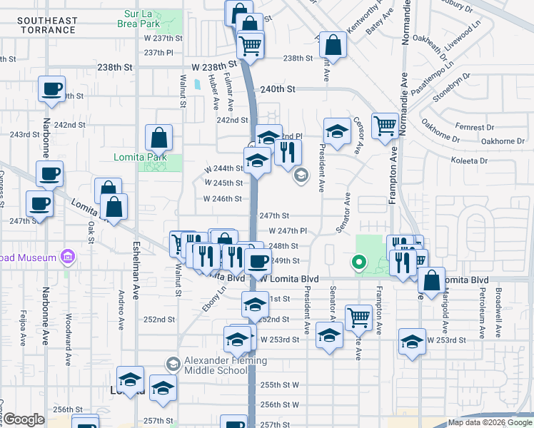 map of restaurants, bars, coffee shops, grocery stores, and more near 12 247th Street in Los Angeles