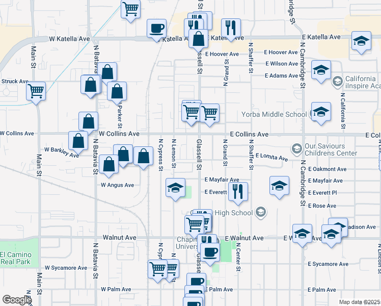 map of restaurants, bars, coffee shops, grocery stores, and more near 829 North Olive Street in Orange