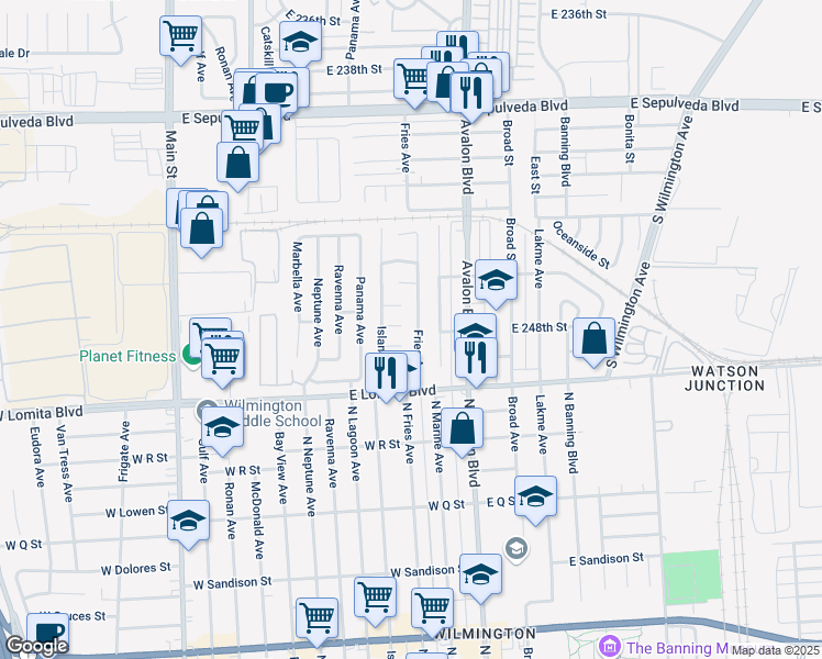 map of restaurants, bars, coffee shops, grocery stores, and more near 24723 Fries Avenue in Carson