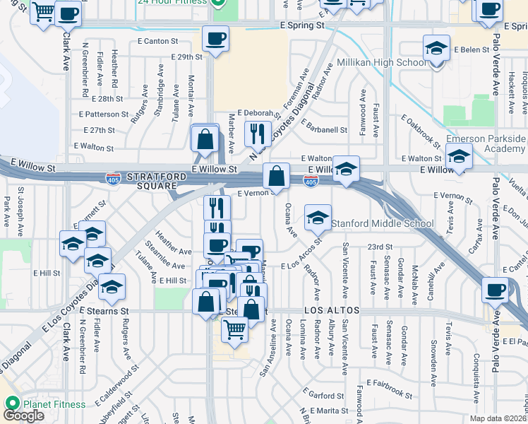 map of restaurants, bars, coffee shops, grocery stores, and more near 2400 Marwick Avenue in Long Beach