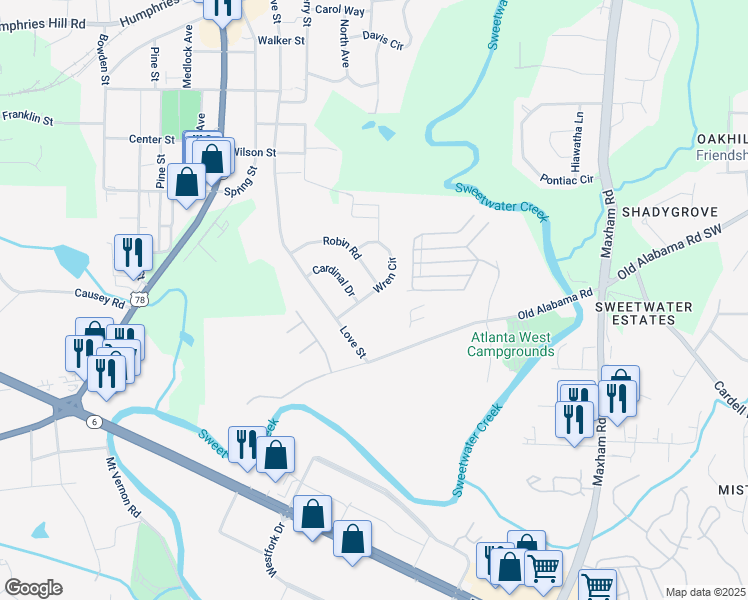 map of restaurants, bars, coffee shops, grocery stores, and more near 2608 Wren Circle in Austell