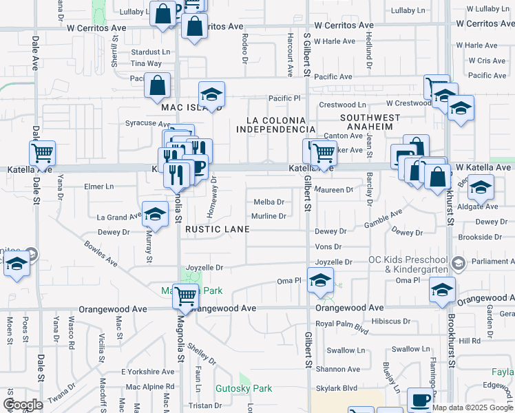 map of restaurants, bars, coffee shops, grocery stores, and more near 9302 Melba Drive in Garden Grove
