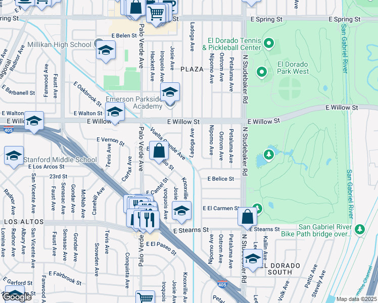 map of restaurants, bars, coffee shops, grocery stores, and more near 2459 Ladoga Ave in Long Beach