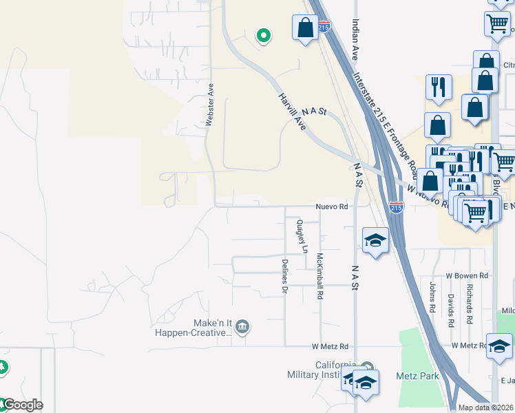 map of restaurants, bars, coffee shops, grocery stores, and more near 24166 Nuevo Road in Perris