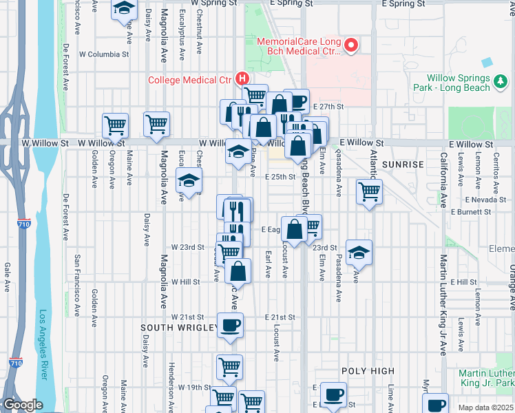 map of restaurants, bars, coffee shops, grocery stores, and more near 2410 Pine Avenue in Long Beach