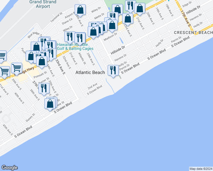 map of restaurants, bars, coffee shops, grocery stores, and more near 2805 South Ocean Boulevard in North Myrtle Beach