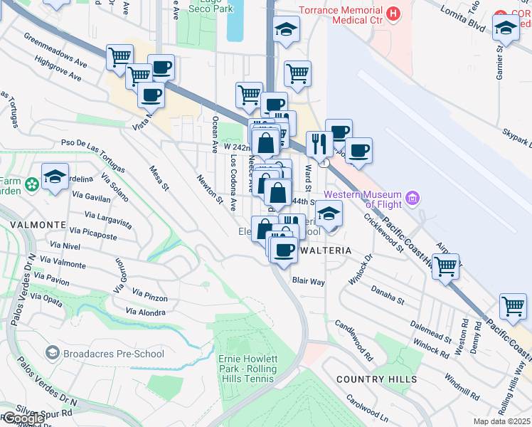 map of restaurants, bars, coffee shops, grocery stores, and more near 24421 Hawthorne Boulevard in Torrance