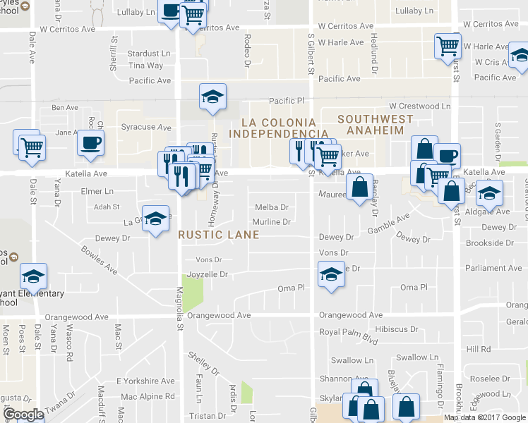 map of restaurants, bars, coffee shops, grocery stores, and more near 9322 Melba Drive in Garden Grove