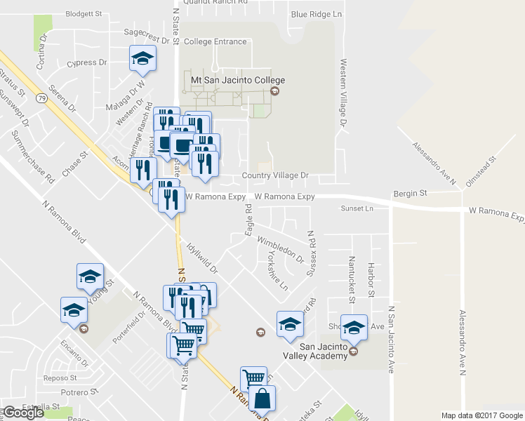 map of restaurants, bars, coffee shops, grocery stores, and more near 460 Cambridge Drive in San Jacinto