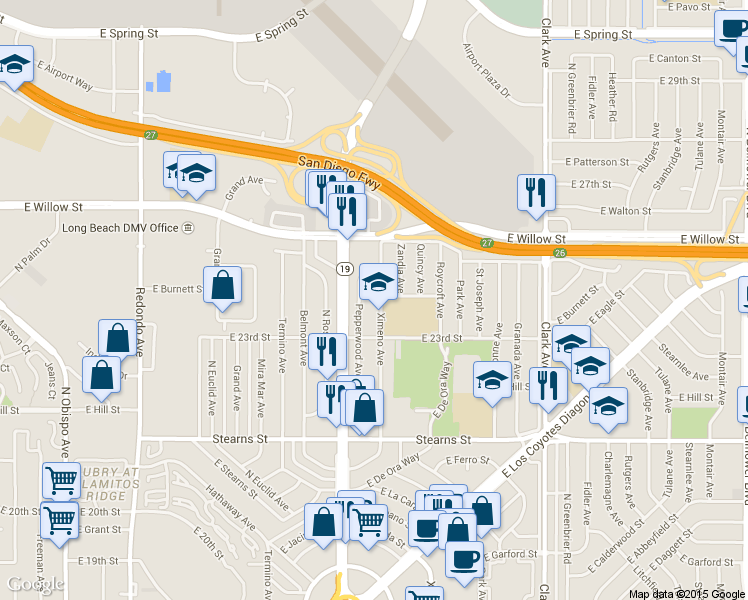 map of restaurants, bars, coffee shops, grocery stores, and more near 2375 Ximeno Avenue in Long Beach