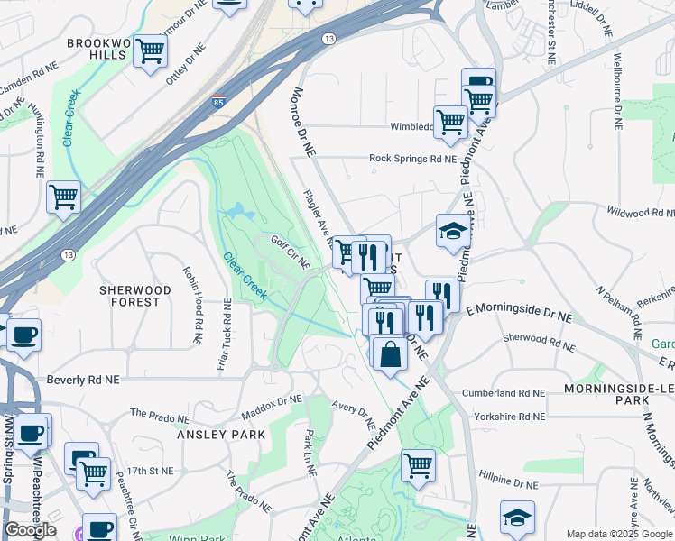 map of restaurants, bars, coffee shops, grocery stores, and more near 407 Montgomery Ferry Drive Northeast in Atlanta