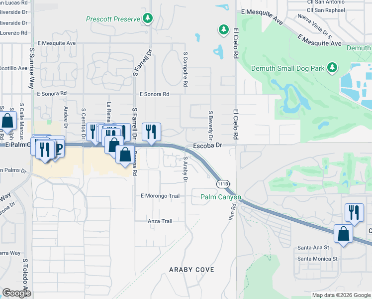 map of restaurants, bars, coffee shops, grocery stores, and more near 2846 Belleza Court in Palm Springs