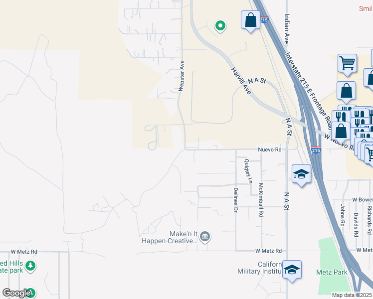 map of restaurants, bars, coffee shops, grocery stores, and more near 24002 Nuevo Road in Perris