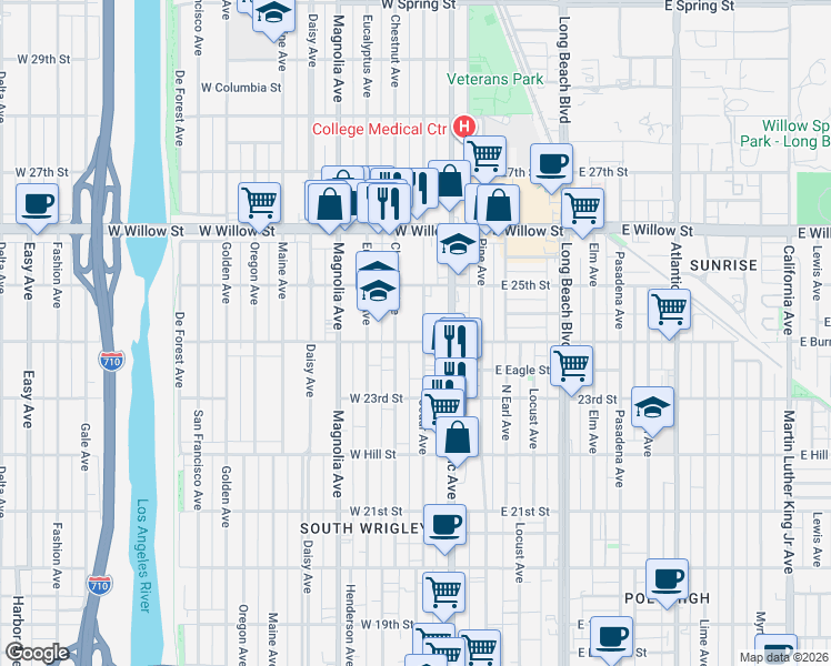 map of restaurants, bars, coffee shops, grocery stores, and more near 2409 Cedar Avenue in Long Beach