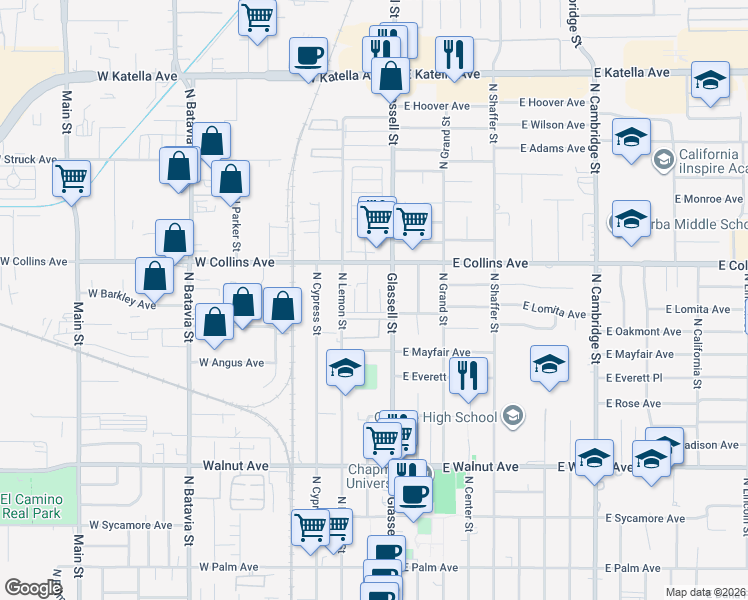 map of restaurants, bars, coffee shops, grocery stores, and more near 829 North Olive Street in Orange