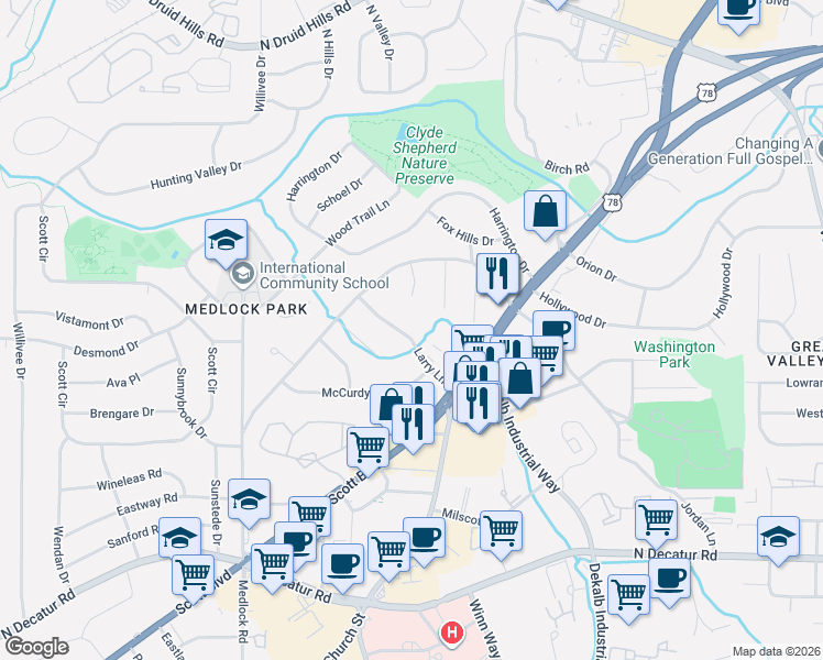 map of restaurants, bars, coffee shops, grocery stores, and more near 800 Larry Lane in Decatur