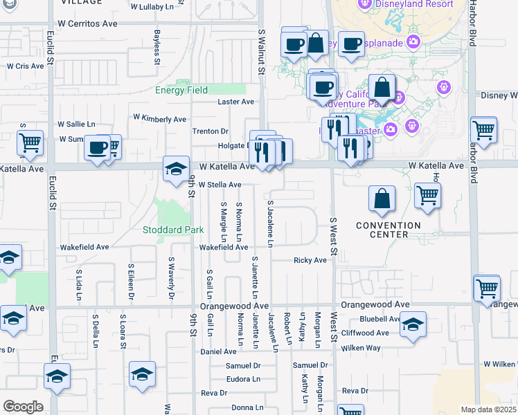 map of restaurants, bars, coffee shops, grocery stores, and more near 1858 South Janette Lane in Anaheim