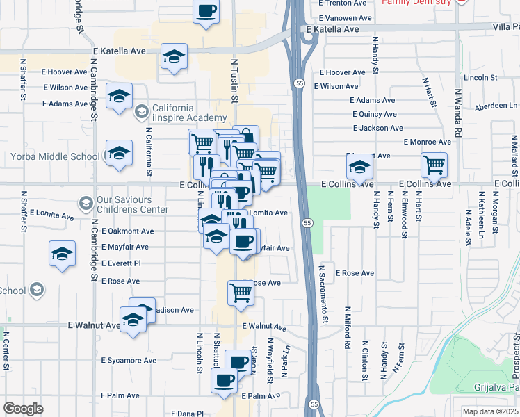 map of restaurants, bars, coffee shops, grocery stores, and more near 1803 East Lomita Avenue in Orange