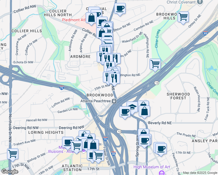 map of restaurants, bars, coffee shops, grocery stores, and more near 1718 Peachtree Street Northwest in Atlanta